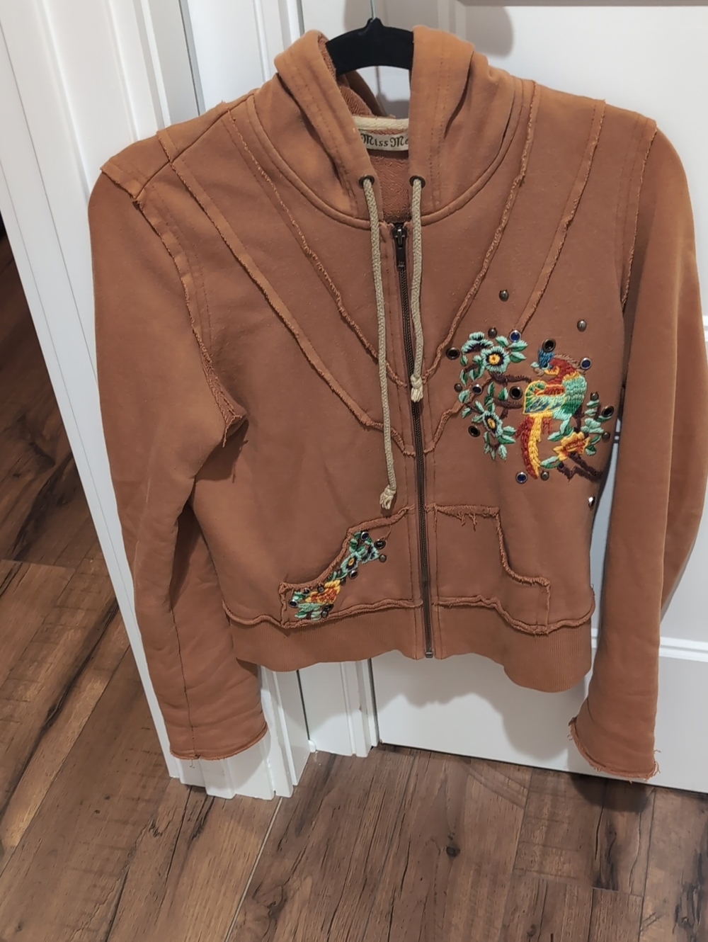 Miss Me Girls' Brown Embroidered Zip Hoodie Jacket